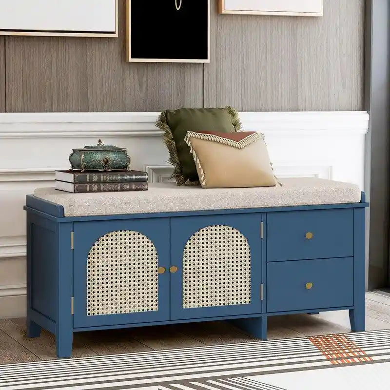 Retro Shoe Storage Bench with Drawers and Cushion for Entryway or Living Room Organization