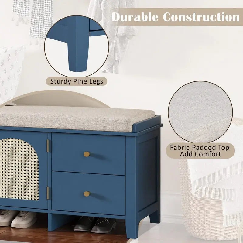 Retro Shoe Storage Bench with Drawers and Cushion for Entryway or Living Room Organization