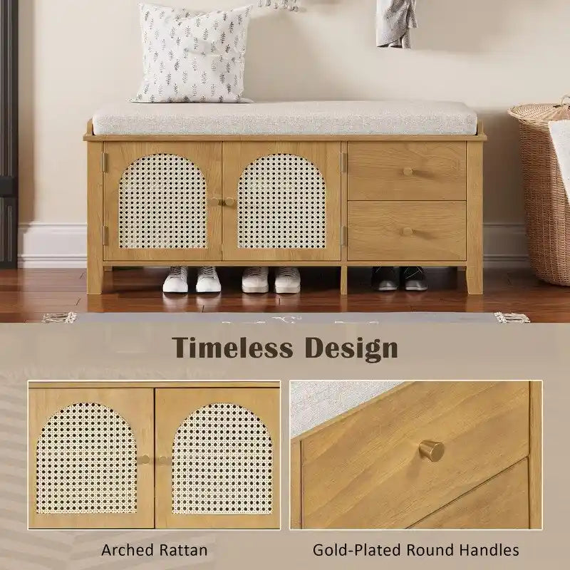 Retro Shoe Storage Bench with Drawers and Cushion for Entryway or Living Room Organization