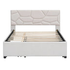 Beige Linen Platform Bed - Full Size with Trundle & Drawers