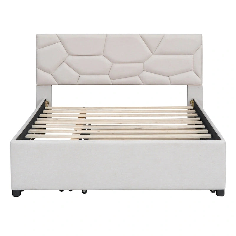 Beige Linen Platform Bed - Full Size with Trundle & Drawers