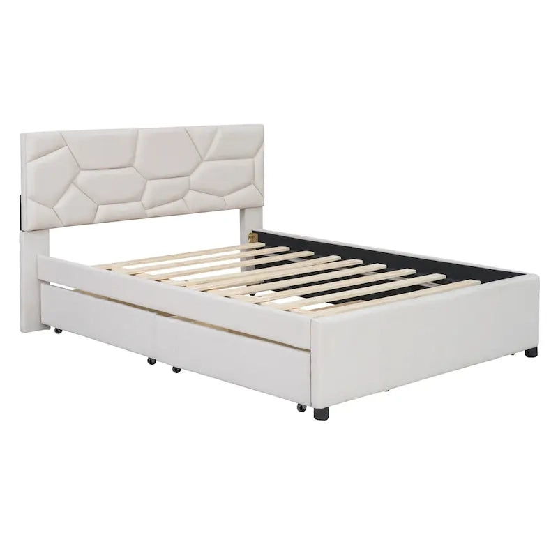 Beige Linen Platform Bed - Full Size with Trundle & Drawers