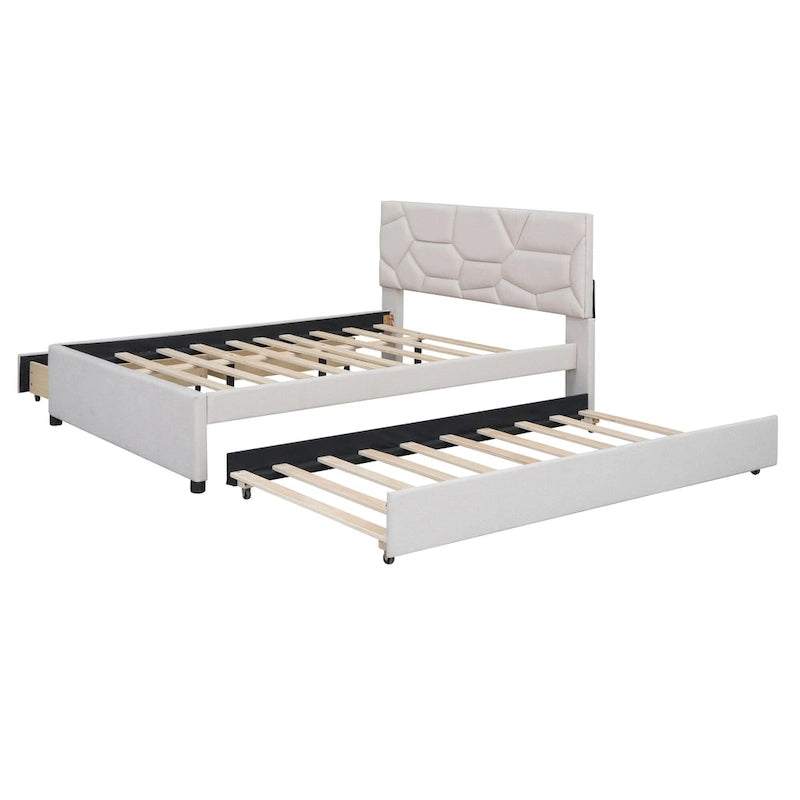 Beige Linen Platform Bed - Full Size with Trundle & Drawers
