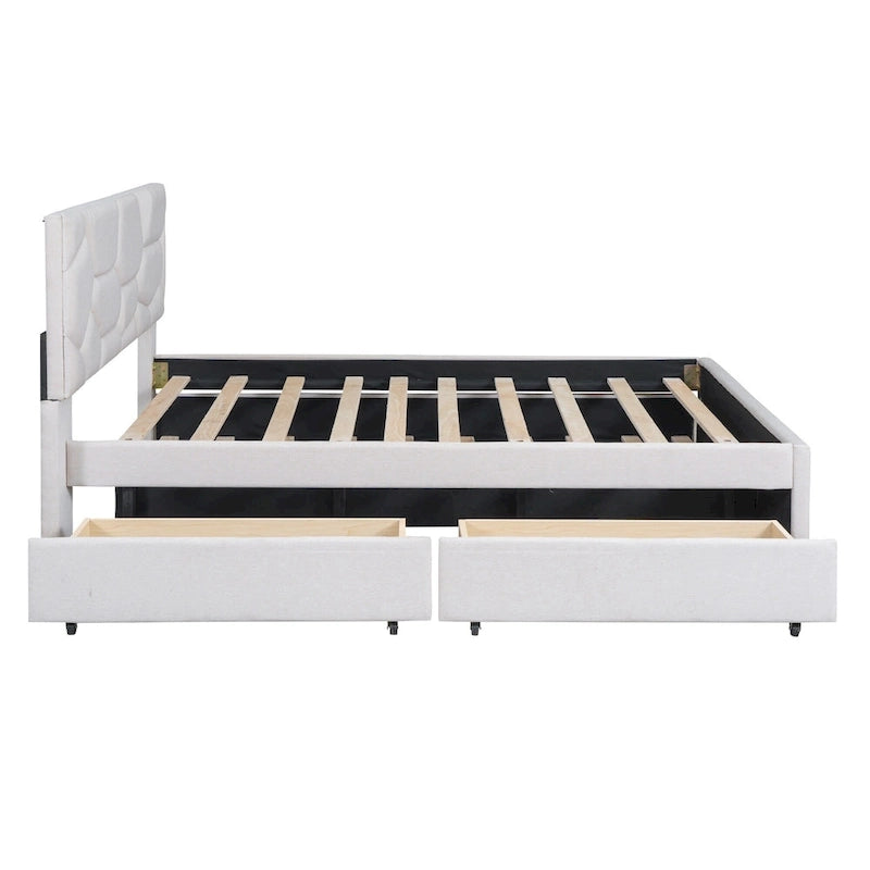 Beige Linen Platform Bed - Full Size with Trundle & Drawers