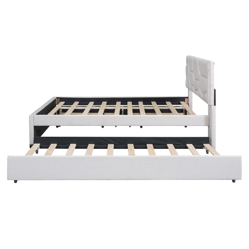 Beige Linen Platform Bed - Full Size with Trundle & Drawers