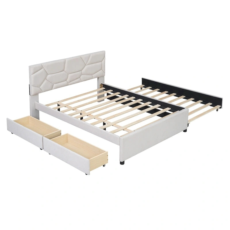 Beige Linen Platform Bed - Full Size with Trundle & Drawers