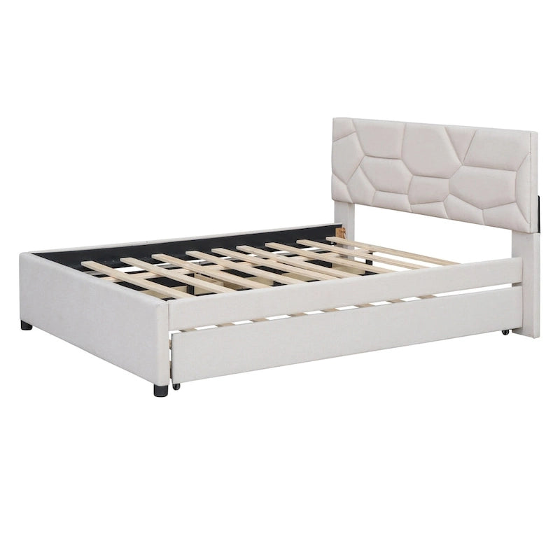 Beige Linen Platform Bed - Full Size with Trundle & Drawers