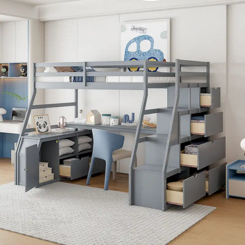 Full Pine Loft Bed with Desk and Storage