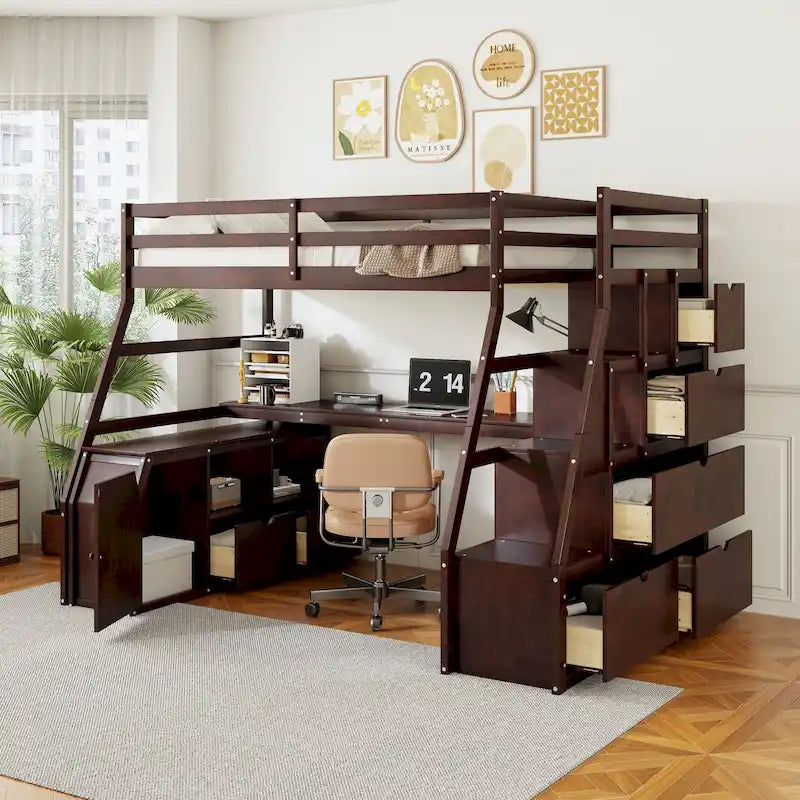 Full Pine Loft Bed with Desk and Storage