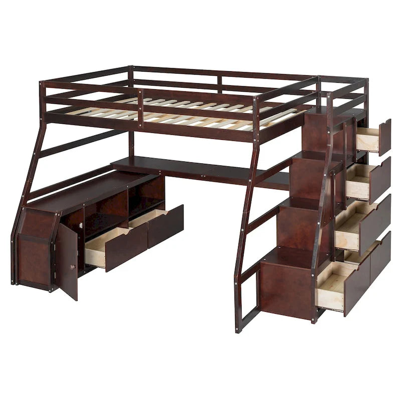 Full Pine Loft Bed with Desk and Storage