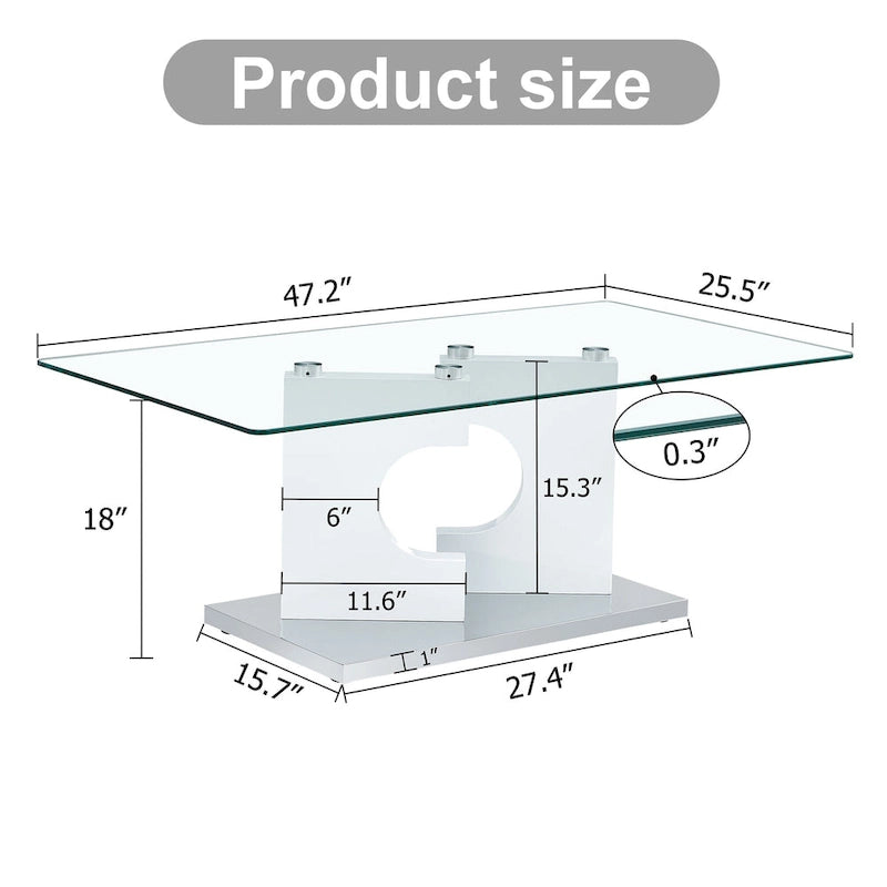 47.2 Modern Rectangular Coffee Table with Tempered Glass Tabletop and MDF Legs