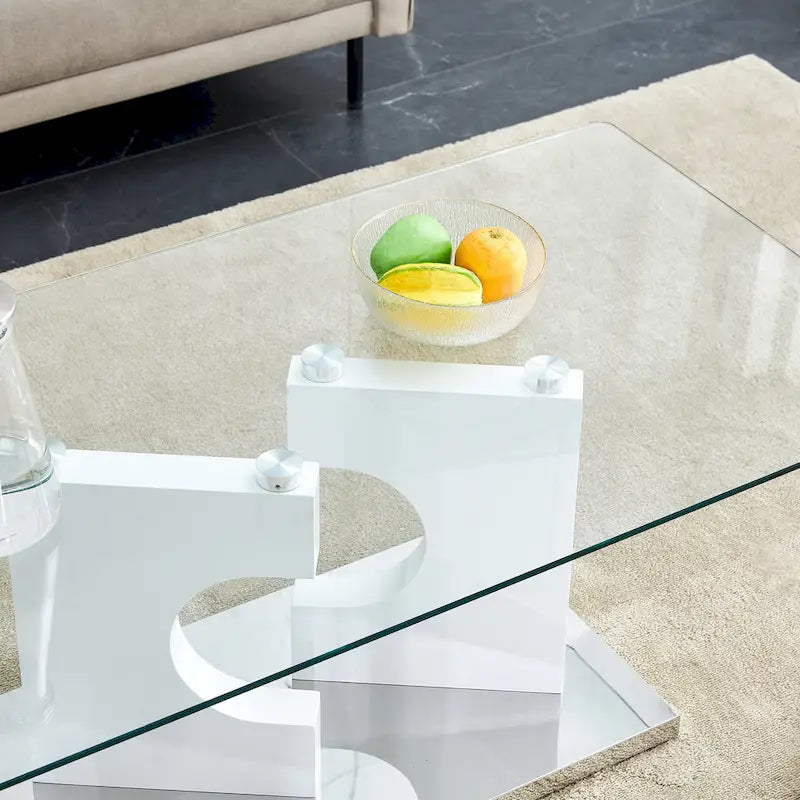 47.2 Modern Rectangular Coffee Table with Tempered Glass Tabletop and MDF Legs