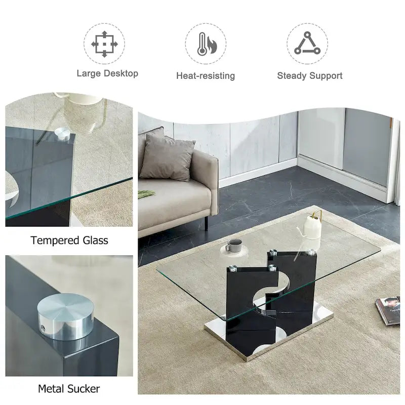 47.2 Modern Rectangular Coffee Table with Tempered Glass Tabletop and MDF Legs