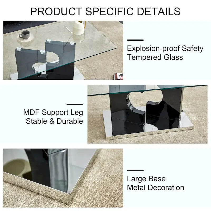 47.2 Modern Rectangular Coffee Table with Tempered Glass Tabletop and MDF Legs
