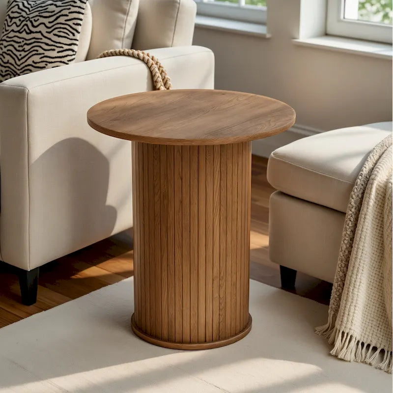 Round Tambour End Table, Mid-Century Modern Small Side Table for Living Room, Bedroom
