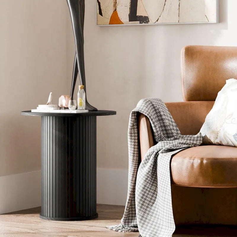 Round Tambour End Table, Mid-Century Modern Small Side Table for Living Room, Bedroom