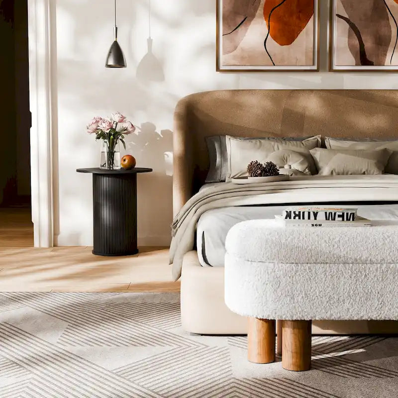 Round Tambour End Table, Mid-Century Modern Small Side Table for Living Room, Bedroom