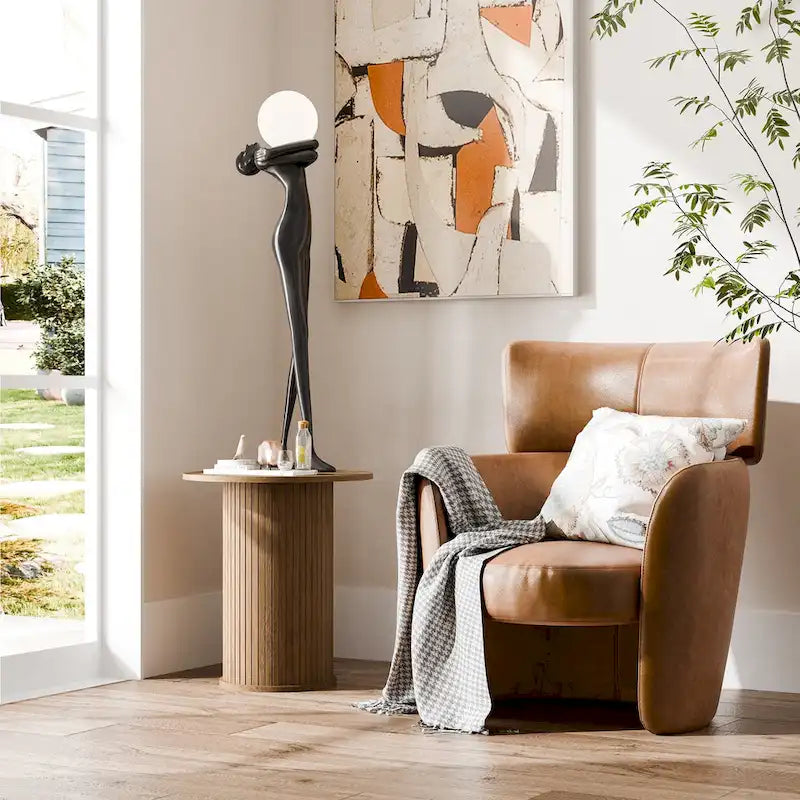Round Tambour End Table, Mid-Century Modern Small Side Table for Living Room, Bedroom