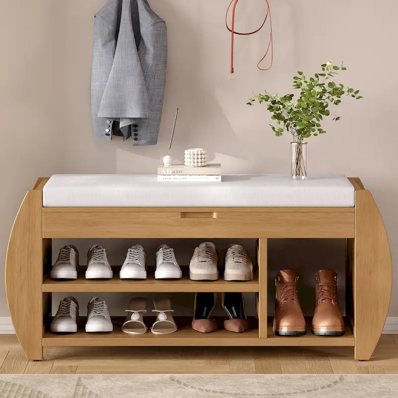 Retro Multifunctional Storage Bench with Cushion and Curved Side Panel