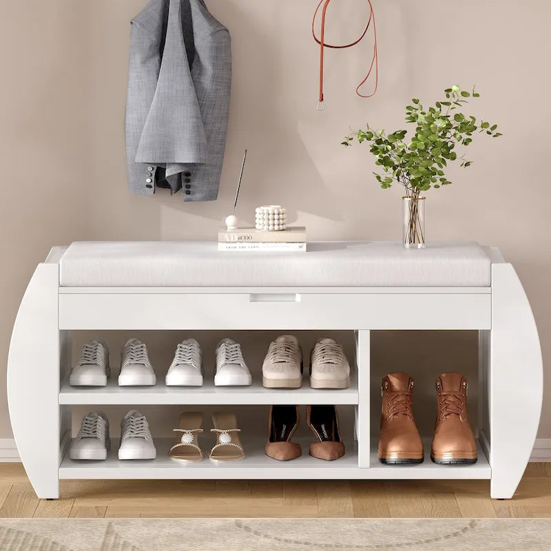Retro Multifunctional Storage Bench with Cushion and Curved Side Panel