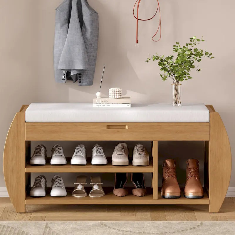 Retro Multifunctional Storage Bench with Cushion and Curved Side Panel