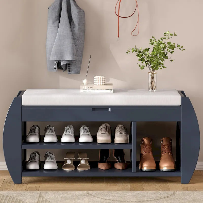 Retro Multifunctional Storage Bench with Cushion and Curved Side Panel