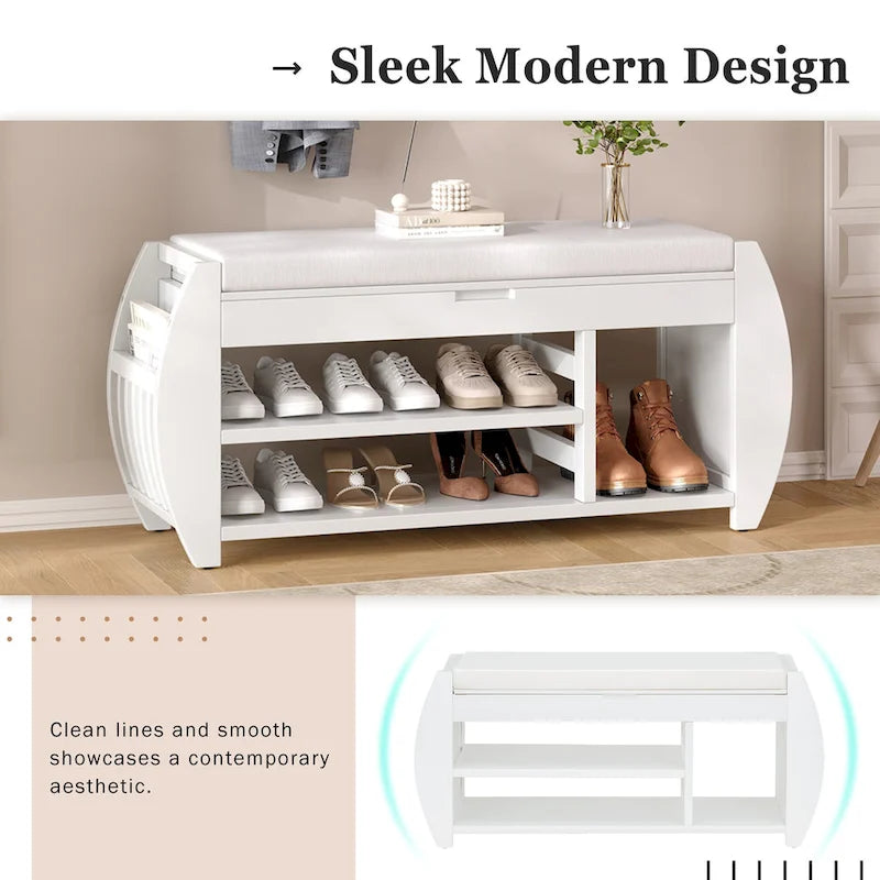 Retro Multifunctional Storage Bench with Cushion and Curved Side Panel