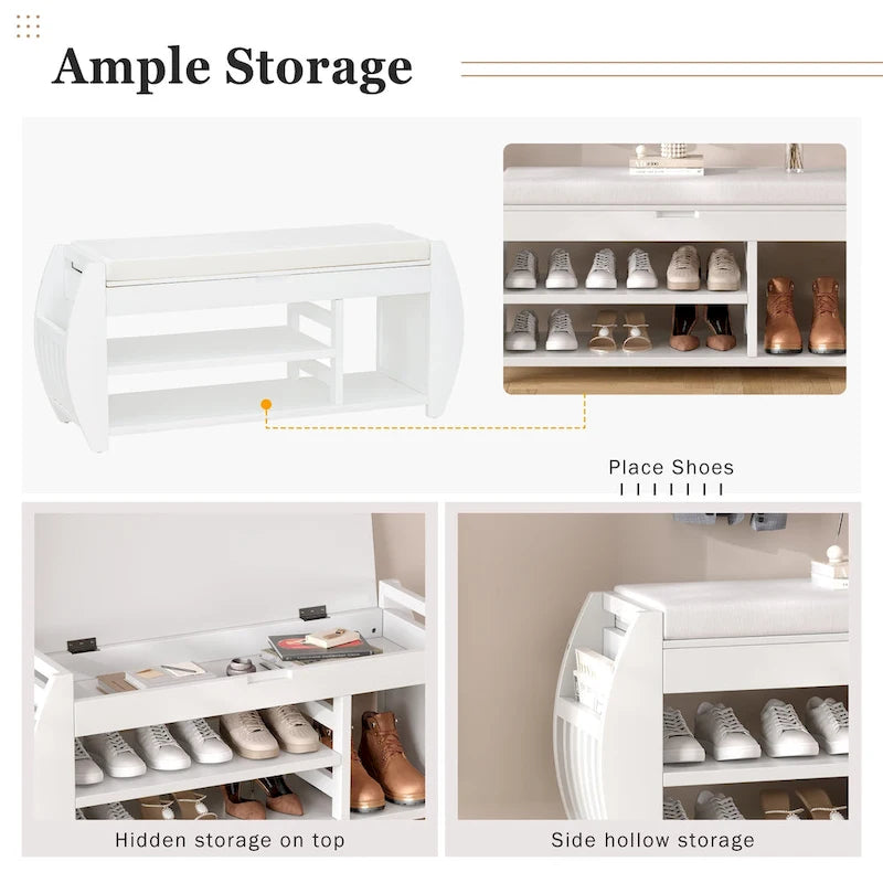 Retro Multifunctional Storage Bench with Cushion and Curved Side Panel