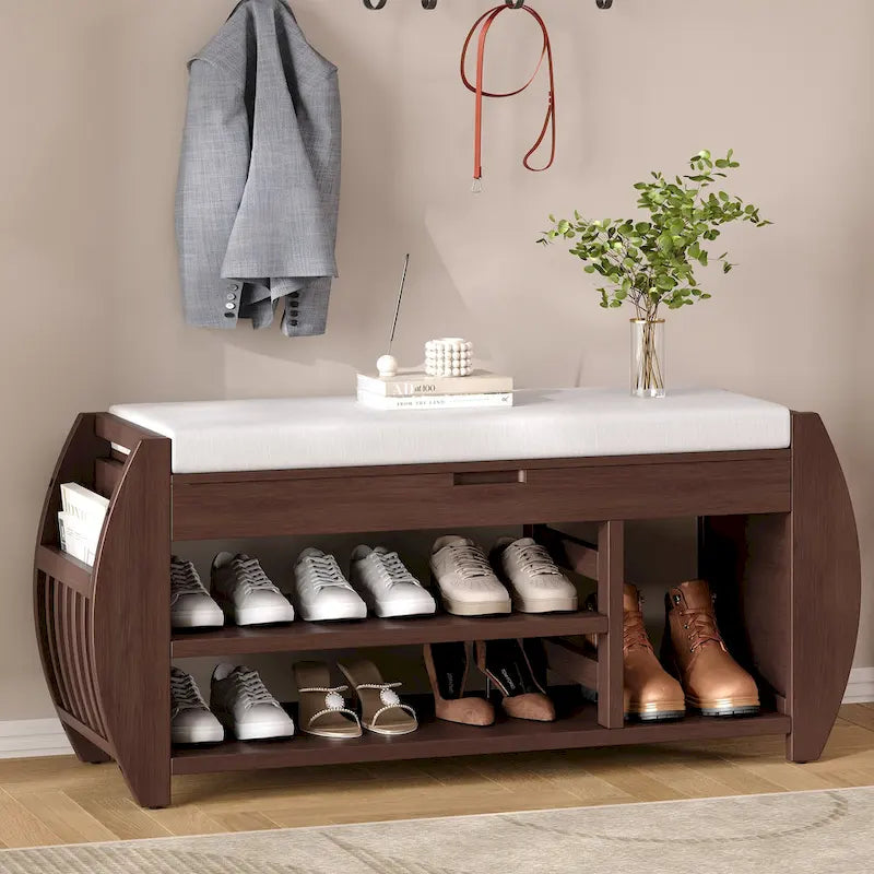 Retro Multifunctional Storage Bench with Cushion and Curved Side Panel