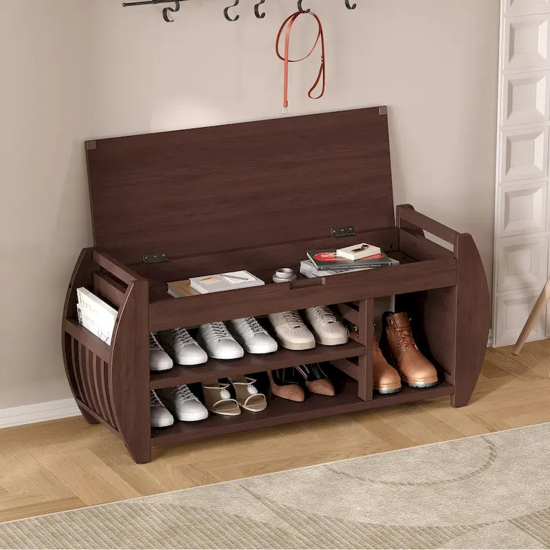 Retro Multifunctional Storage Bench with Cushion and Curved Side Panel