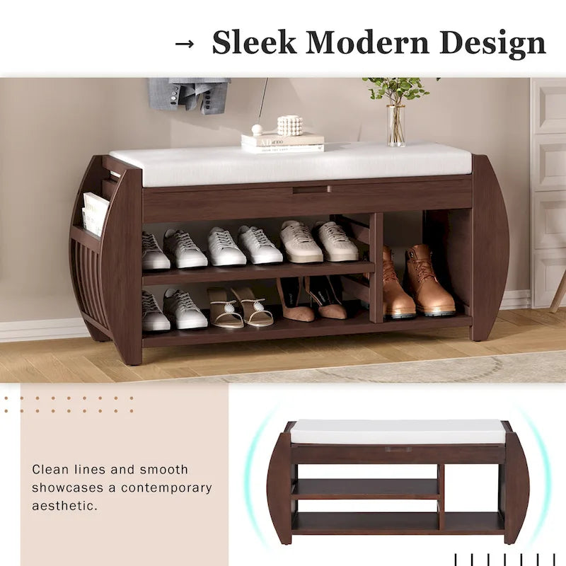 Retro Multifunctional Storage Bench with Cushion and Curved Side Panel