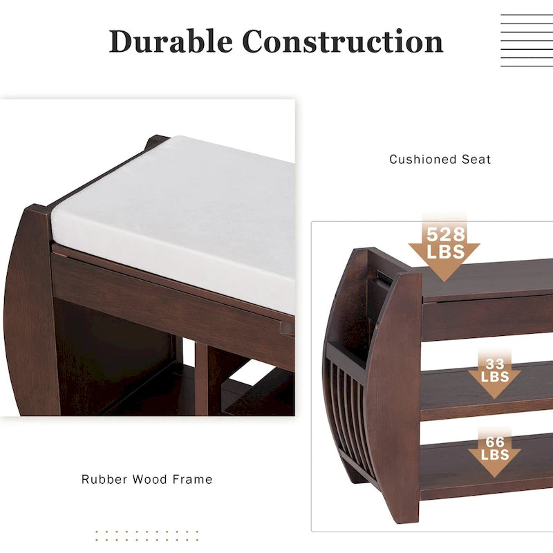 Retro Multifunctional Storage Bench with Cushion and Curved Side Panel