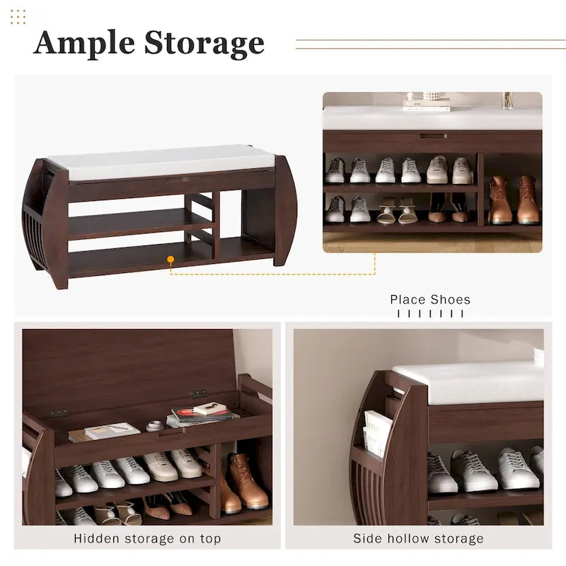 Retro Multifunctional Storage Bench with Cushion and Curved Side Panel