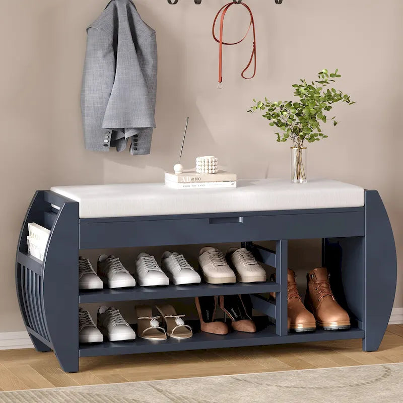 Retro Multifunctional Storage Bench with Cushion and Curved Side Panel