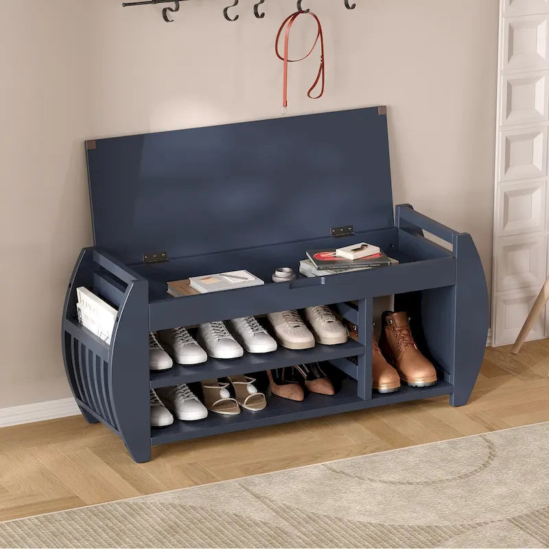 Retro Multifunctional Storage Bench with Cushion and Curved Side Panel