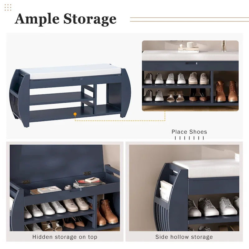 Retro Multifunctional Storage Bench with Cushion and Curved Side Panel