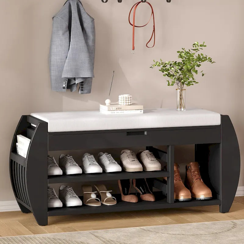 Retro Multifunctional Storage Bench with Cushion and Curved Side Panel