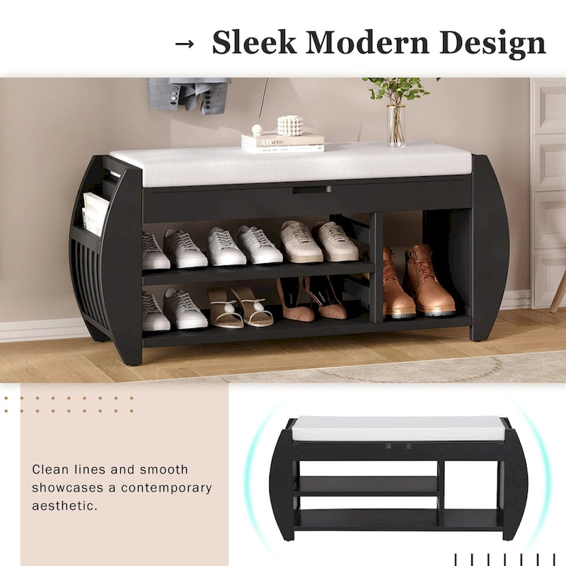 Retro Multifunctional Storage Bench with Cushion and Curved Side Panel
