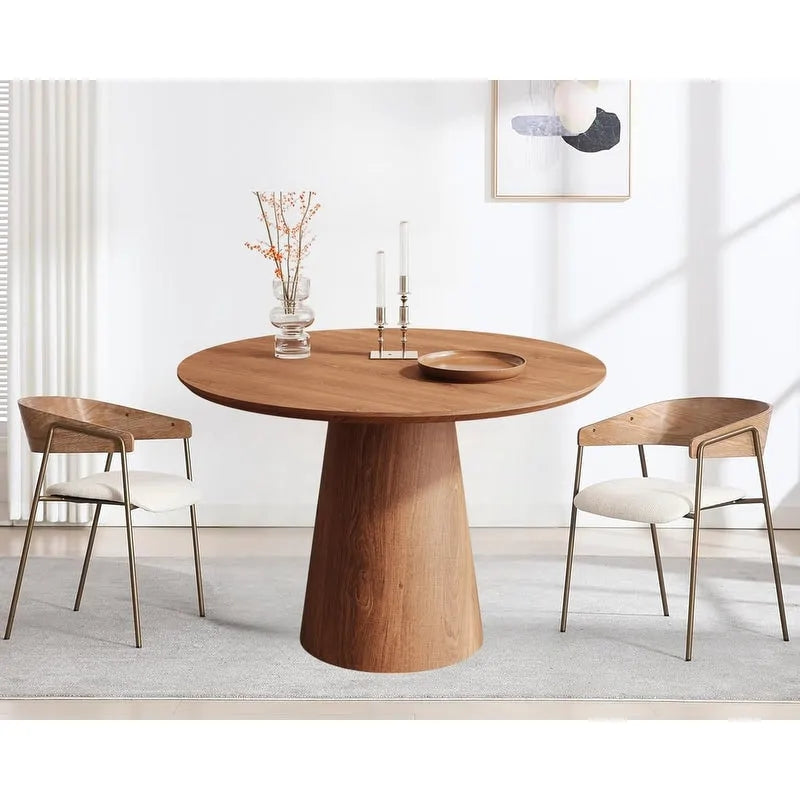 Round Dining Table for 4-6, Natural Wood Grain Dining Table with Cone Wood Pedestal Base, Rustic Minimalist Dining Table