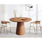 Round Dining Table for 4-6, Natural Wood Grain Dining Table with Cone Wood Pedestal Base, Rustic Minimalist Dining Table