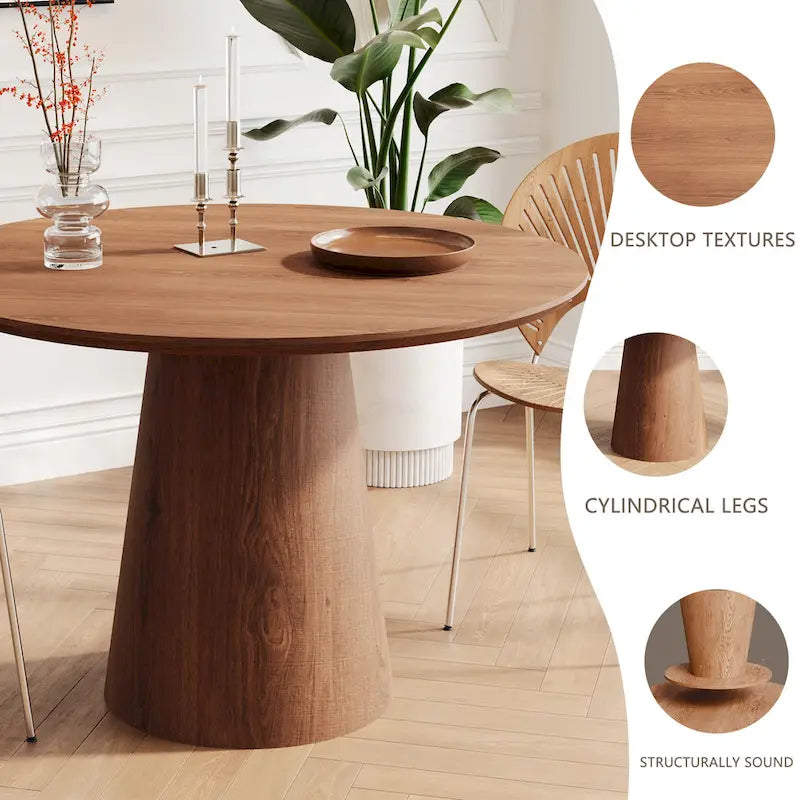 Round Dining Table for 4-6, Natural Wood Grain Dining Table with Cone Wood Pedestal Base, Rustic Minimalist Dining Table