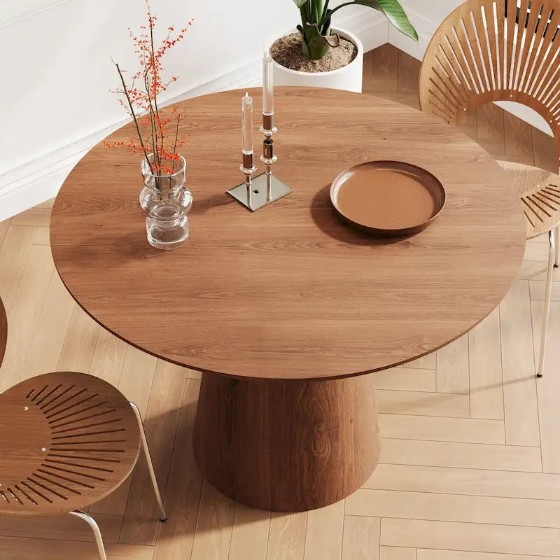 Round Dining Table for 4-6, Natural Wood Grain Dining Table with Cone Wood Pedestal Base, Rustic Minimalist Dining Table