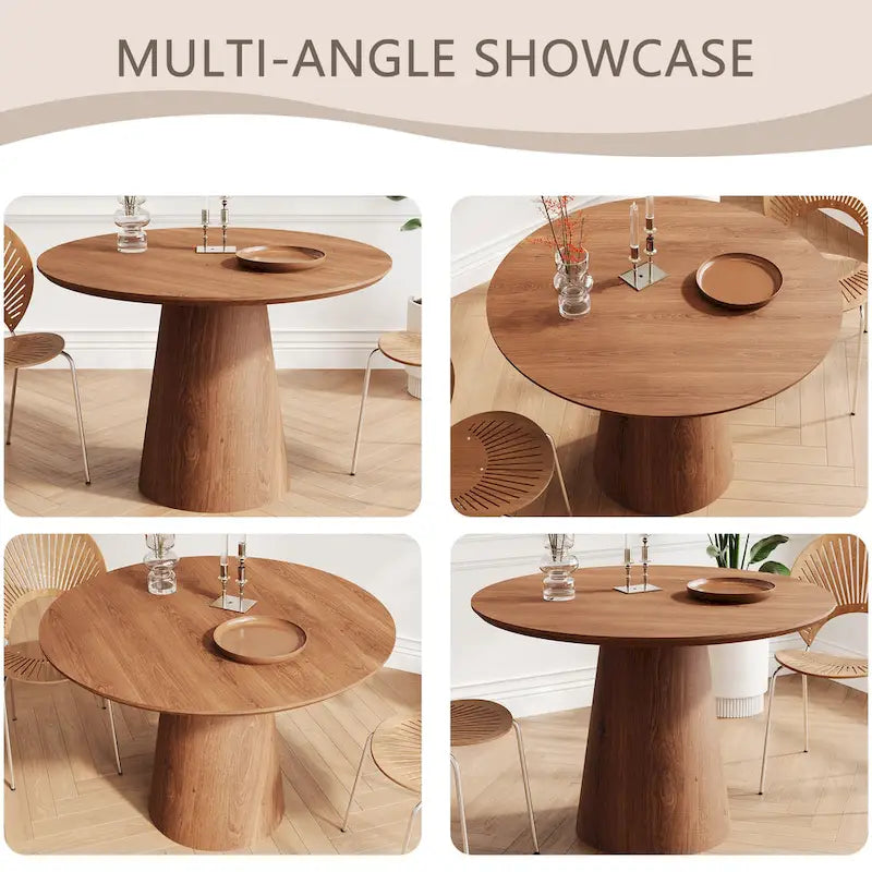 Round Dining Table for 4-6, Natural Wood Grain Dining Table with Cone Wood Pedestal Base, Rustic Minimalist Dining Table