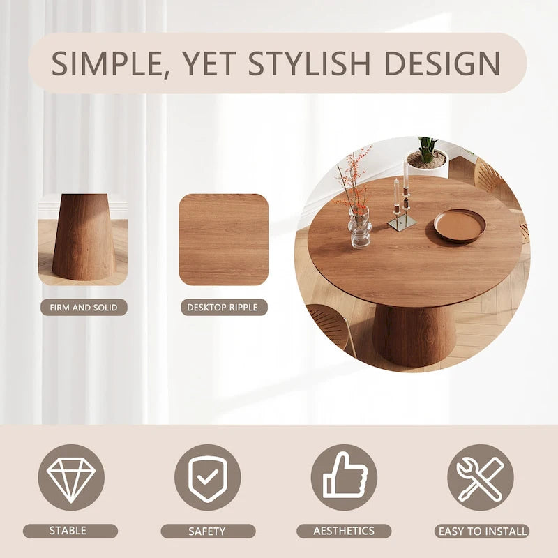 Round Dining Table for 4-6, Natural Wood Grain Dining Table with Cone Wood Pedestal Base, Rustic Minimalist Dining Table