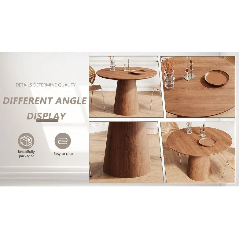 Round Dining Table for 4-6, Natural Wood Grain Dining Table with Cone Wood Pedestal Base, Rustic Minimalist Dining Table