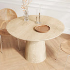 Round Dining Table for 4-6, Natural Wood Grain Dining Table with Cone Wood Pedestal Base, Rustic Minimalist Dining Table