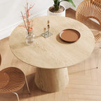 Round Dining Table for 4-6, Natural Wood Grain Dining Table with Cone Wood Pedestal Base, Rustic Minimalist Dining Table