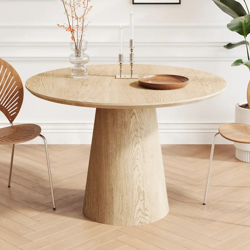 Round Dining Table for 4-6, Natural Wood Grain Dining Table with Cone Wood Pedestal Base, Rustic Minimalist Dining Table