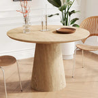 Round Dining Table for 4-6, Natural Wood Grain Dining Table with Cone Wood Pedestal Base, Rustic Minimalist Dining Table