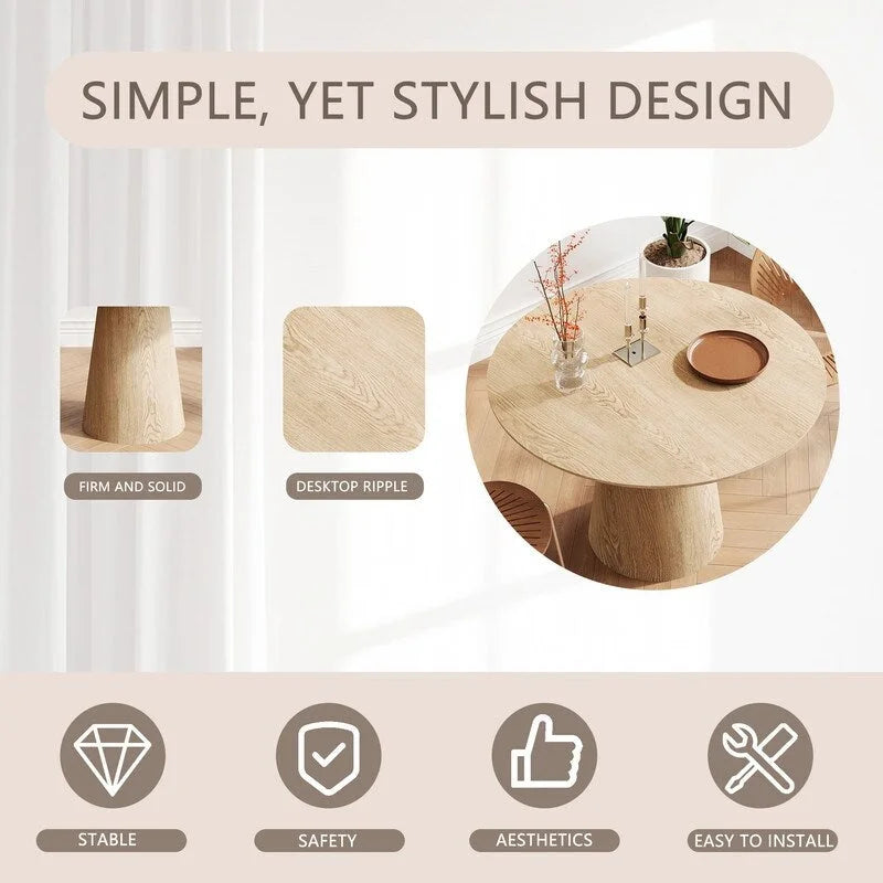 Round Dining Table for 4-6, Natural Wood Grain Dining Table with Cone Wood Pedestal Base, Rustic Minimalist Dining Table